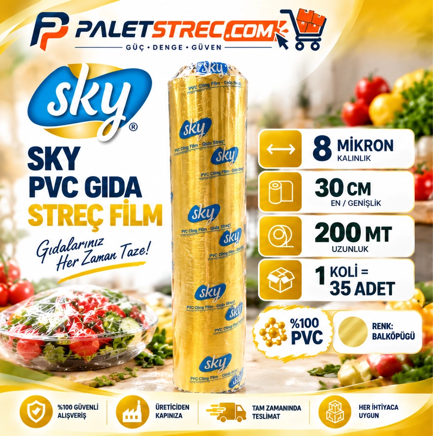 SKY PVC Gıda Streç Film 30 cm 8 Mikron 200 Metre - OPP Ambalajlı
