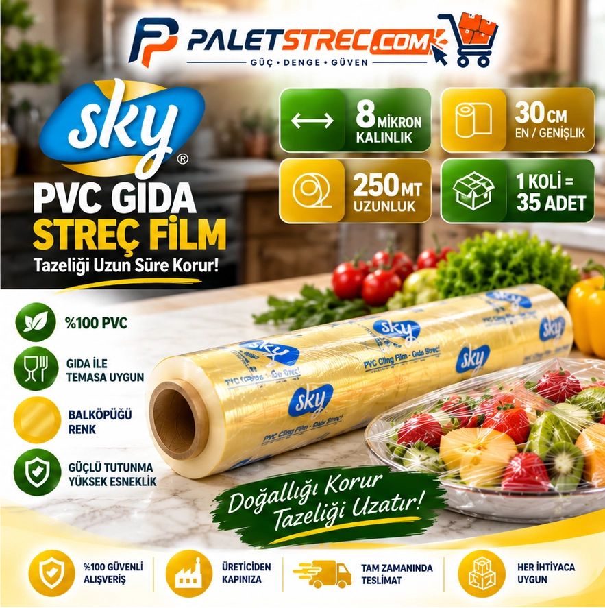 SKY PVC Gıda Streç Film 30 cm 8 Mikron 250 Metre - OPP Ambalajlı