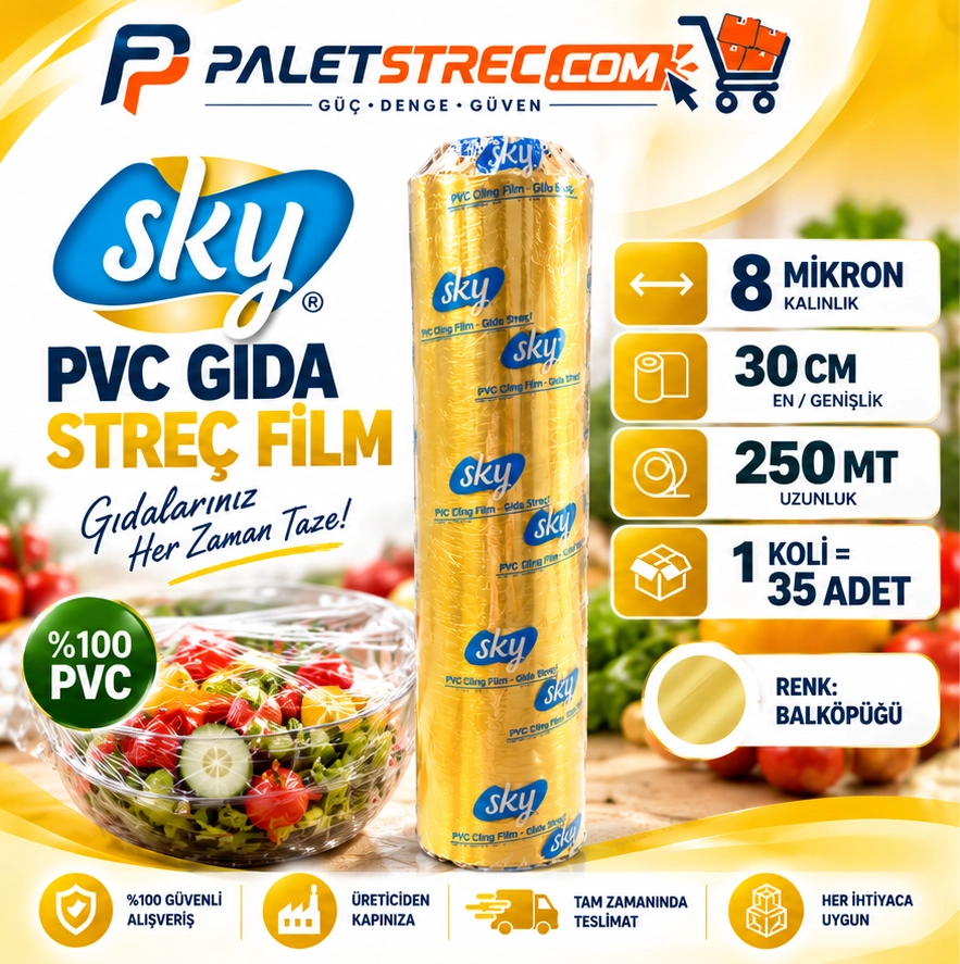 SKY PVC Gıda Streç Film 30 cm 8 Mikron 250 Metre - OPP Ambalajlı