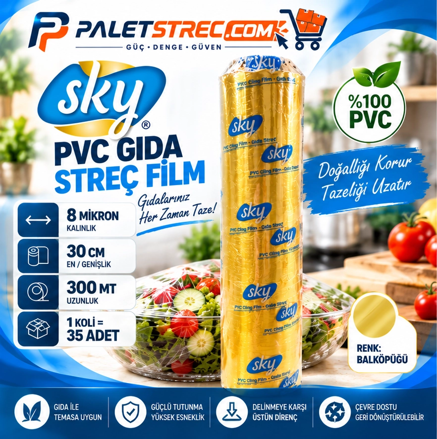 SKY PVC Gıda Streç Film 30 cm 8 Mikron 300 Metre - OPP Ambalajlı