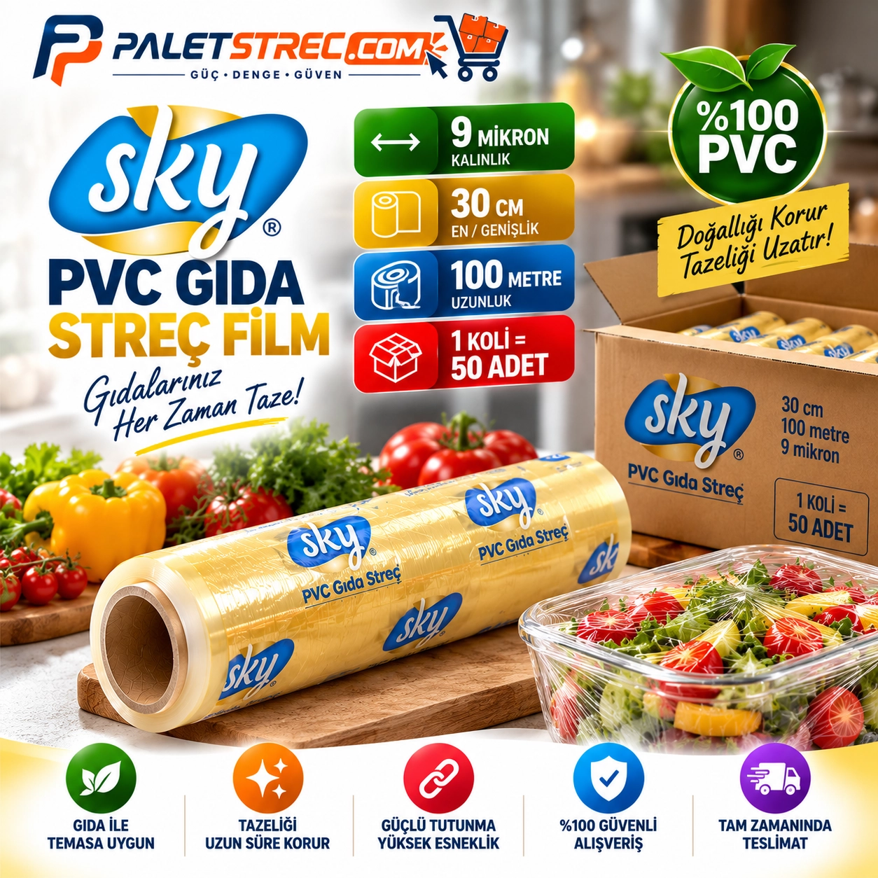 SKY PVC Gıda Streç Film 30 cm 9 Mikron 100 Metre - OPP Ambalajlı