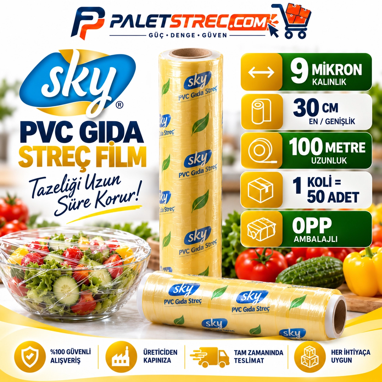 SKY PVC Gıda Streç Film 30 cm 9 Mikron 100 Metre - OPP Ambalajlı