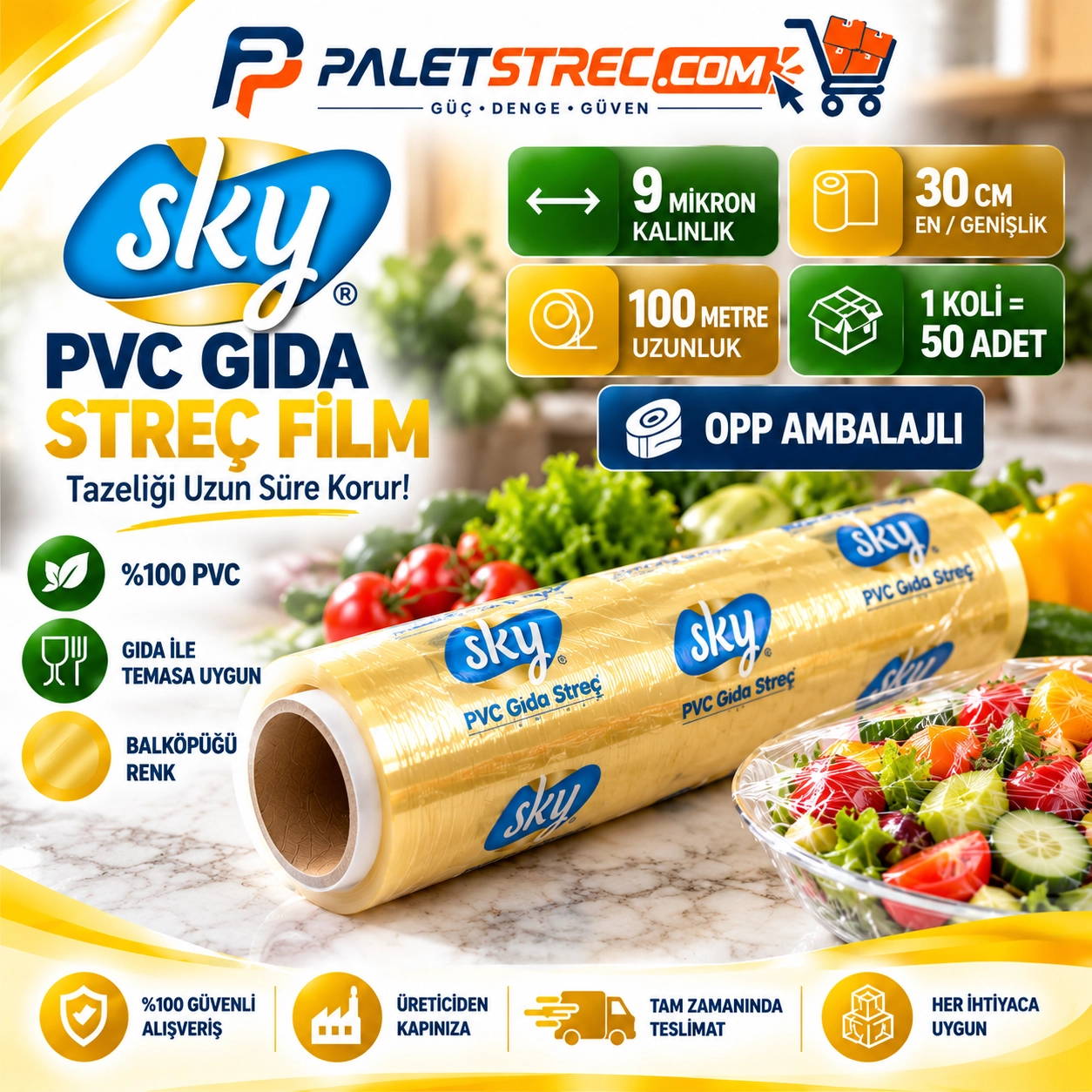 SKY PVC Gıda Streç Film 30 cm 9 Mikron 100 Metre - OPP Ambalajlı