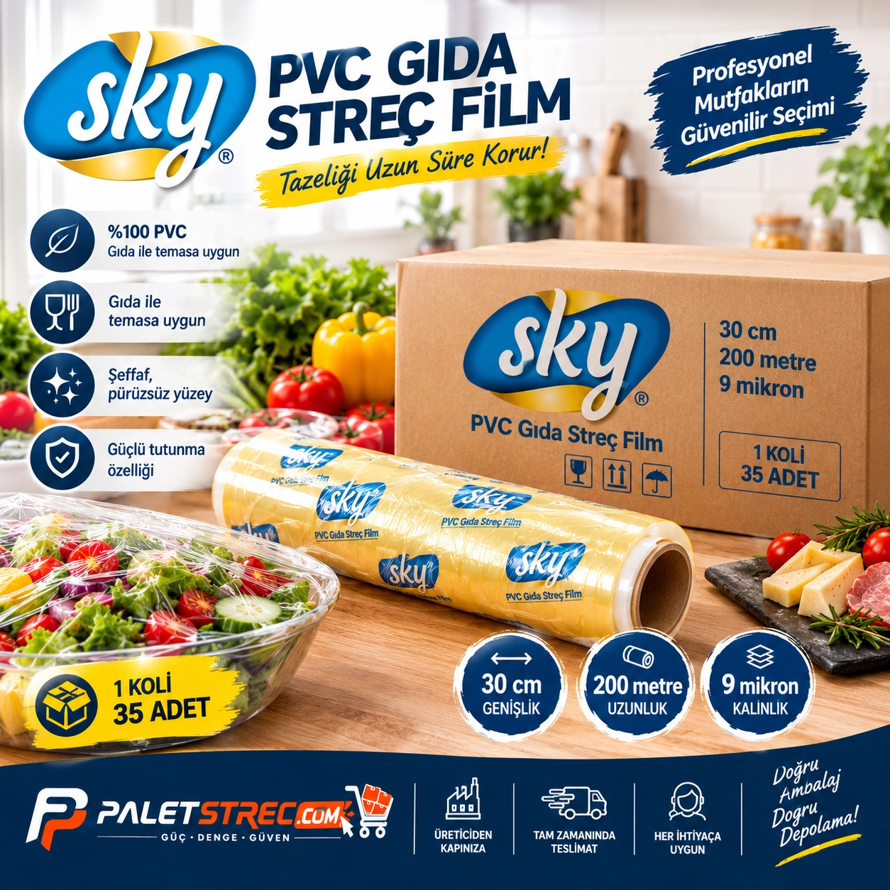 SKY PVC Gıda Streç Film 30 cm 9 Mikron 200 Metre - OPP Ambalajlı