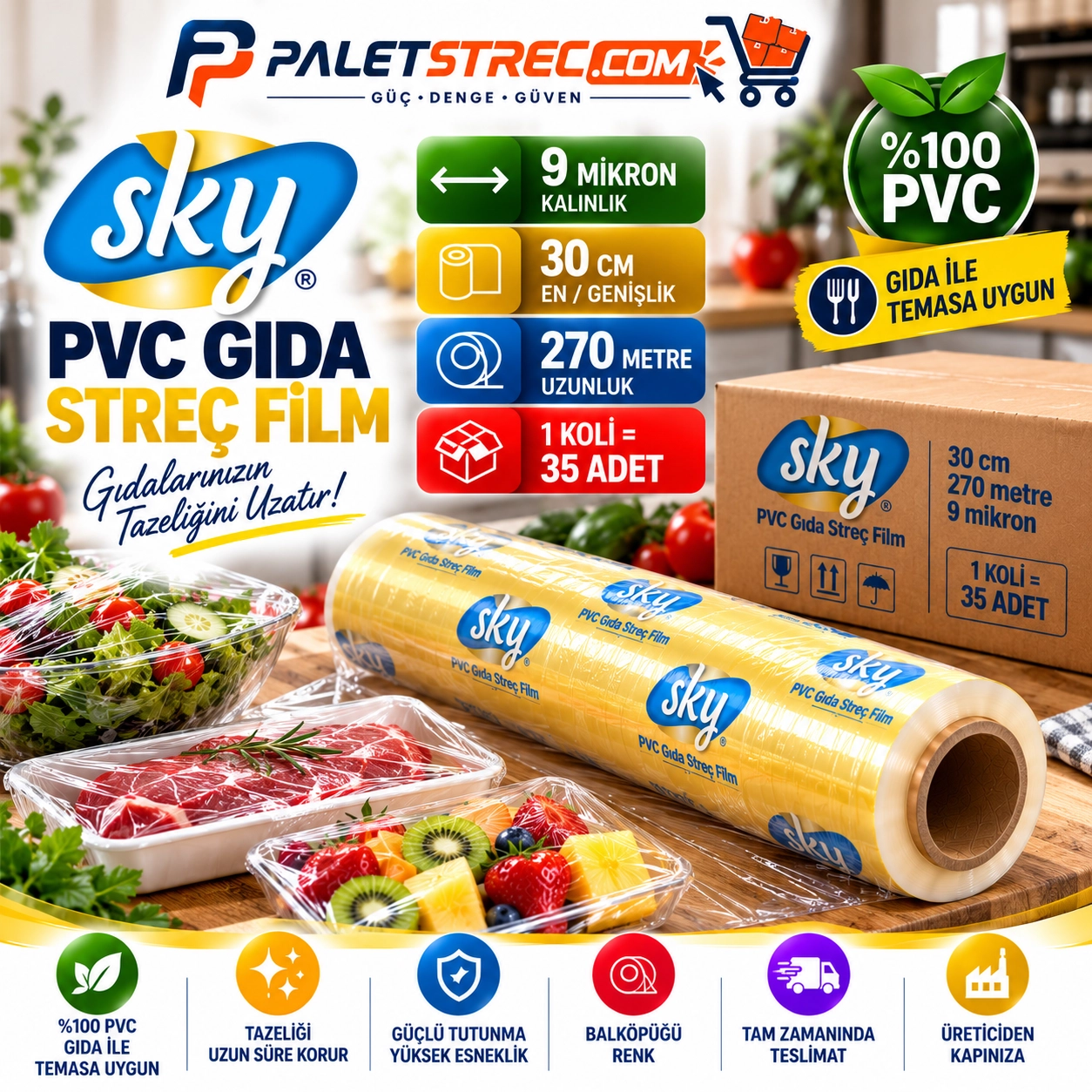 SKY PVC Gıda Streç Film 30 cm 9 Mikron 270 Metre - OPP Ambalajlı