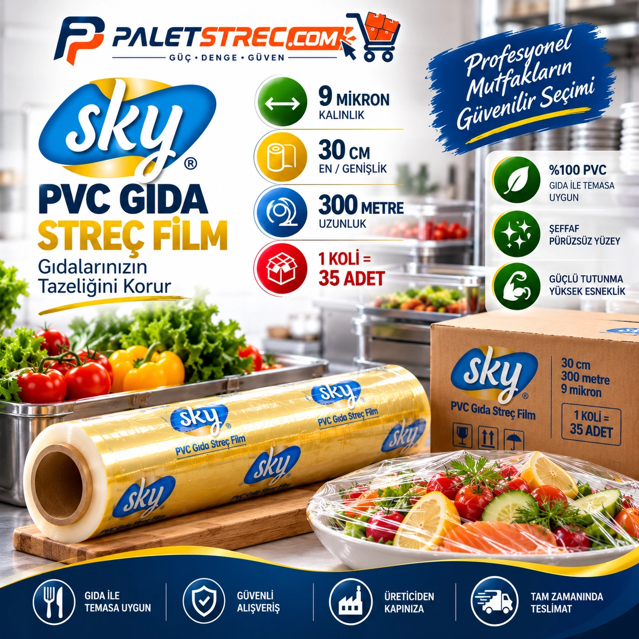 SKY PVC Gıda Streç Film 30 cm 9 Mikron 300 Metre - OPP Ambalajlı