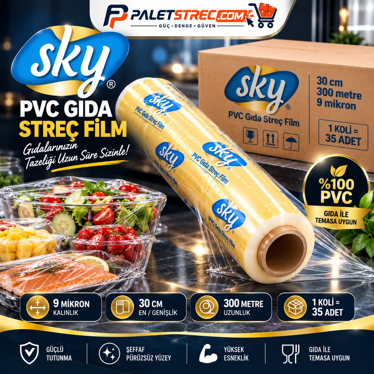 SKY PVC Gıda Streç Film 30 cm 9 Mikron 300 Metre - OPP Ambalajlı