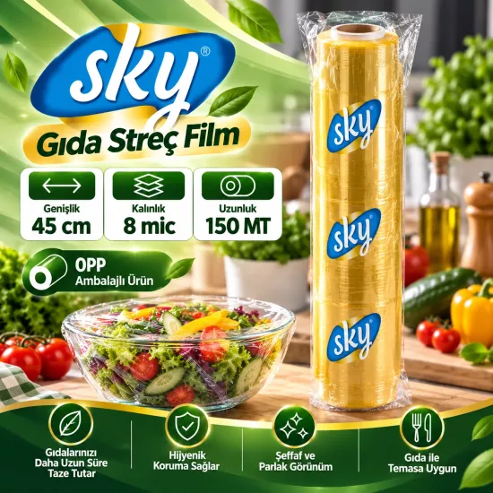 SKY PVC Gıda Streç Film 45 cm 8 Mikron 150 metre SKY PVC Gıda Streç Film 45 cm 8 Mikron 150 metre