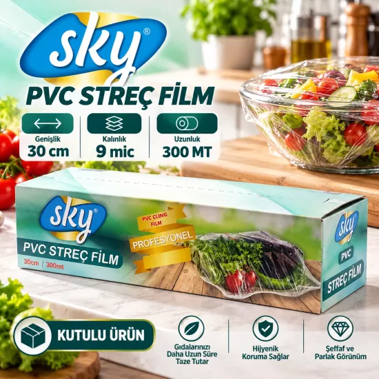 SKY PVC Gıda Streci 30x300 9 Mikron Kutulu SKY PVC Gıda Streci 30x300 9 Mikron Kutulu