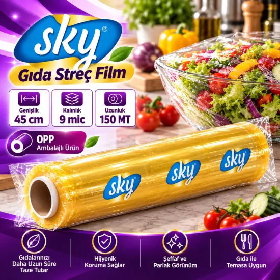 SKY PVC Gıda Streç Film 45 cm 9 Mikron 150 metre SKY PVC Gıda Streç Film 45 cm 9 Mikron 150 metre