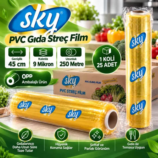 SKY PVC Gıda Streç Film 45 cm 9 Mikron 250 metre SKY PVC Gıda Streç Film 45 cm 9 Mikron 250 metre