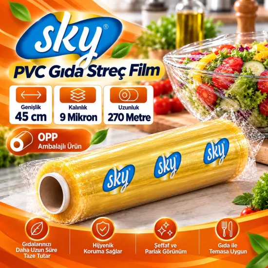 SKY PVC Gıda Streç Film 45 cm 9 Mikron 270 metre SKY PVC Gıda Streç Film 45 cm 9 Mikron 270 metre