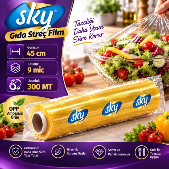 SKY PVC Gıda Streç Film 45 cm 9 Mikron 300 metre SKY PVC Gıda Streç Film 45 cm 9 Mikron 300 metre